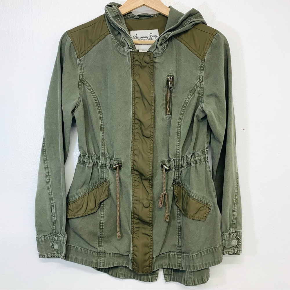 American Rag Utility Jacket Woman Small Hooded Army Green Cotton Zip Boho Grunge
